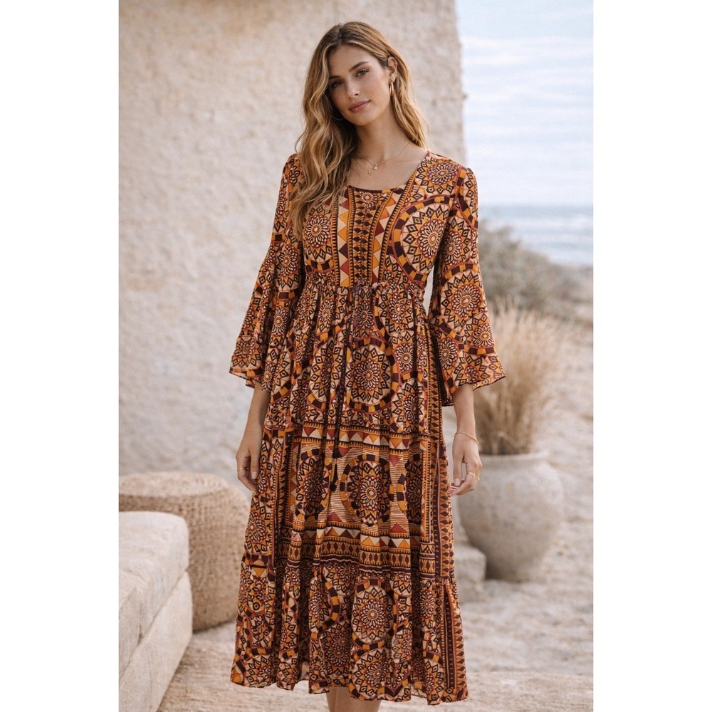 Anthropologie Me 2 Magic Boho Midi Dress M Geometric Print Tassel Festival